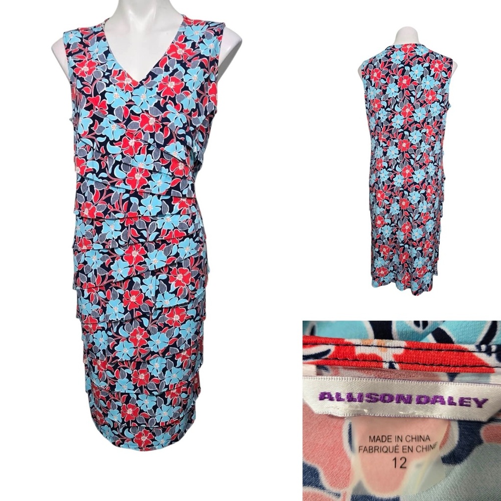 Allison Daley dress sz‎ 12 blue/red multicolor sleeveless stretch tiered